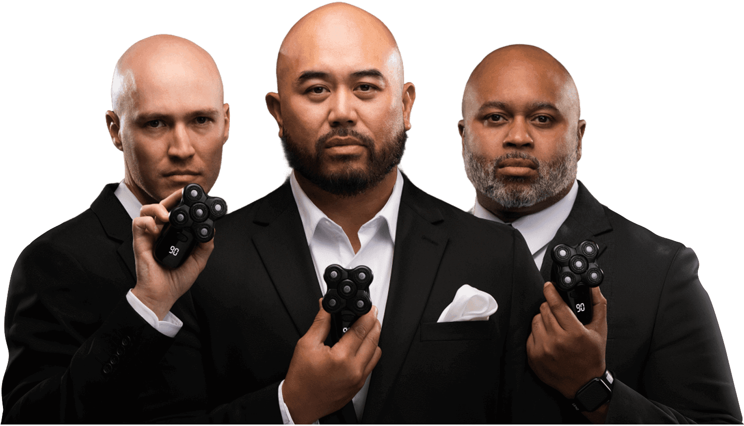 Three bald men in suits confidently holding the Groomie BaldiePro head shaver